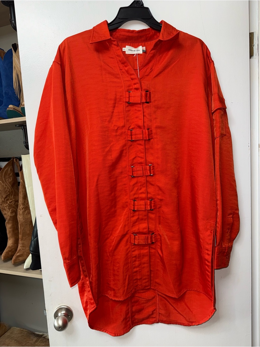 Men's Vibrant Red Button-Front Casual Shirt with Buckle Details